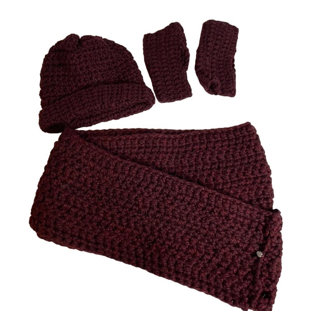 MADE WITH LOVE Maroon Knit Scarf Hat Fingerless Mittens Red Burgundy Winter Warm